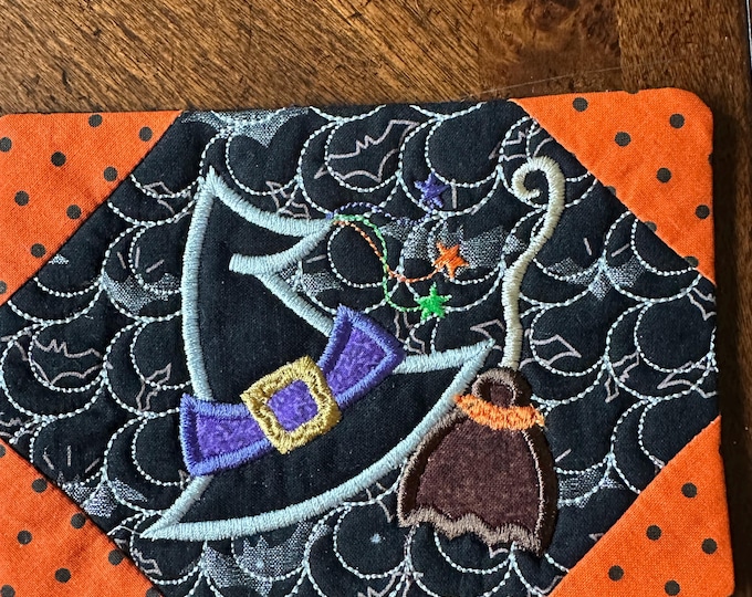 Halloween Mug Rug Coaster.  Broom and Witch Hat.  Approx. 5 x 7 inches.  Quilted & Embroidered.  Ready to Ship
