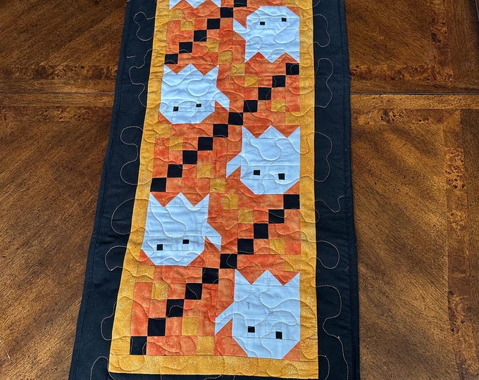 Quilted Halloween Ghost Table Runner: Pieced Orange Fabric (47 x 17 inches)
