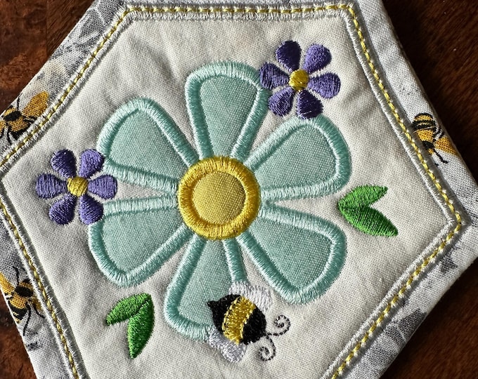 Flower Bee Coaster or Mug Rug (Sold Individually).  Approximately 5 inches.  Embroidered and appliqued. Ready to ship