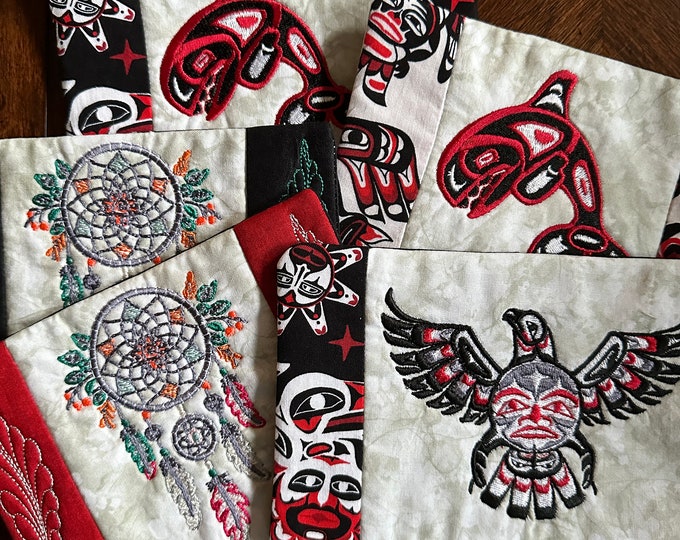 Mug Rugs, Native American Inspired Fabrics and designs, Approximately 5 x 7 inches.  Ready to ship.