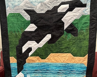 Orca Lap Quilt, Approximately 43 x 48 inches.  Quilted.  Orca picture