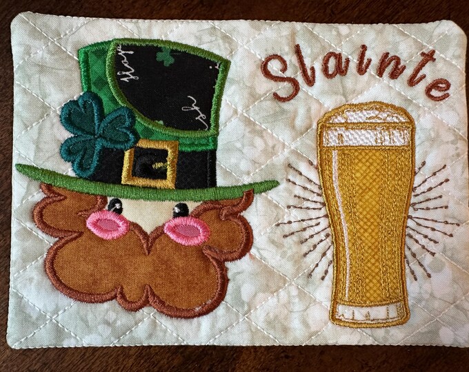 Leprechaun Slainte Mug Rug or Coaster, Approximately 5 x 7 inches.  Ready to ship