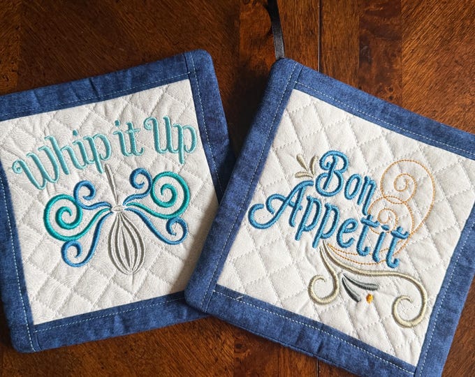 Kitchen Sayings Potholder/Trivets.  Approximately 8 inches square.  Quilted and Embroidered