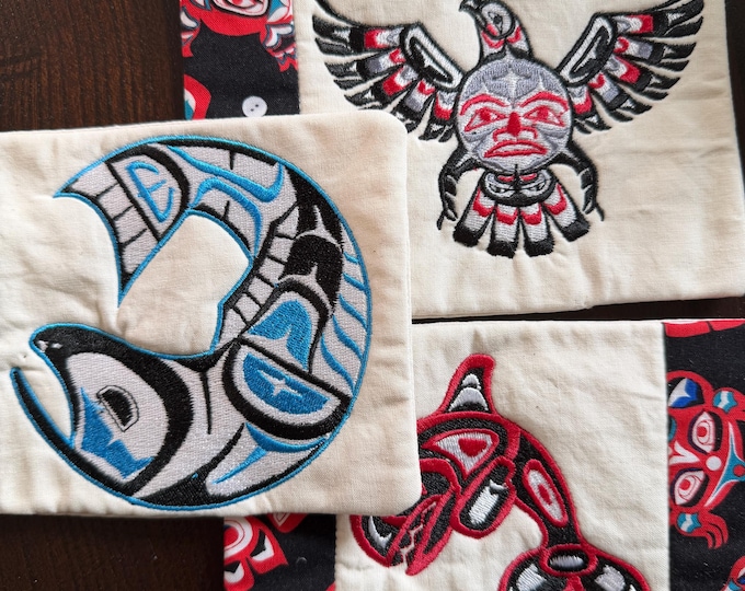 Native American Inspired Mug Rug or Coaster. Embroidered Cotton Fabric (5x7 in)