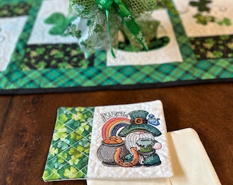Rainbow Gnome Irish Blessings Mug Rug/Coaster.  Approximately 5 x 7 inches.  Ready to Ship