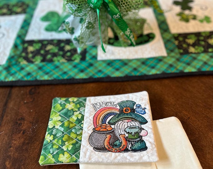 Rainbow Gnome Irish Blessings Mug Rug/Coaster.  Approximately 5 x 7 inches.  Ready to Ship