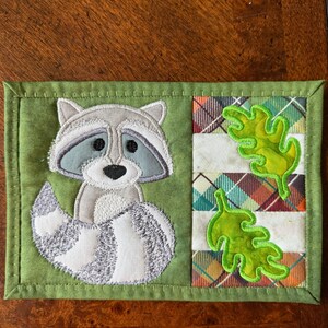 Animal Mug Rugs or coasters, Quilted, Appliqued, Woodland Creatures, Raccoon and Fox, 5x7 inches image 2