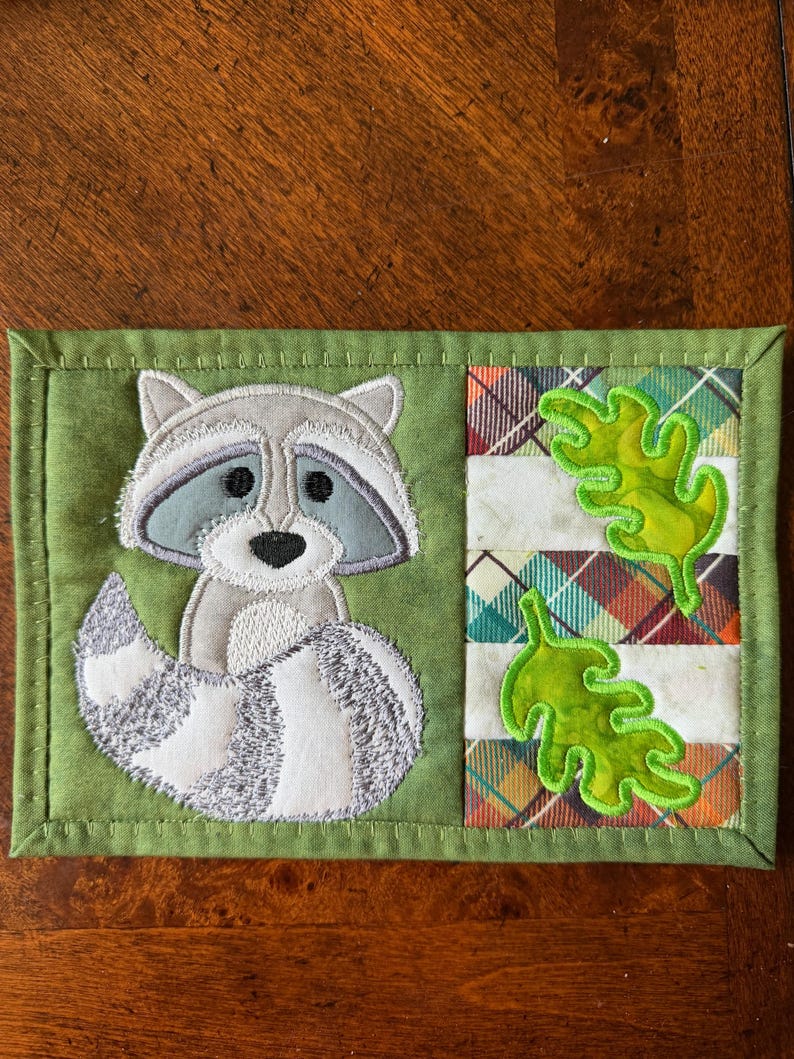 Animal Mug Rugs or coasters, Quilted, Appliqued, Woodland Creatures, Raccoon and Fox, 5x7 inches image 2