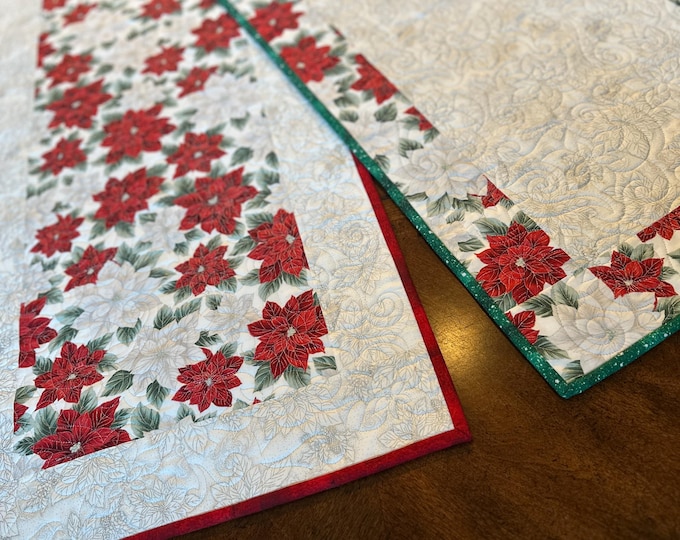 Poinsettia Christmas Table Runner: Holiday Decor.  Quilted and Embroidered (46 x 18 inches)