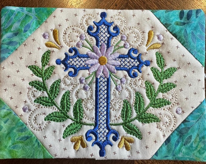 Elegant Easter Cross Mug Rug.  Approximately 5 x 7 inches.  Embroidered. Ready to Ship