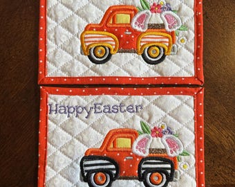 Bunny Truck Easter Mug Rug.  Approximately 5 x 7 inches.  Appliqued and Embroidered. Ready to Ship