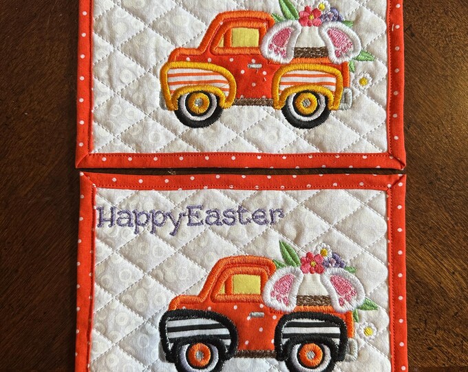 Bunny Truck Easter Mug Rug.  Approximately 5 x 7 inches.  Appliqued and Embroidered. Ready to Ship