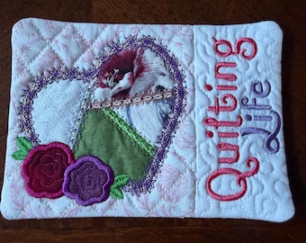 Quilting Life Mug Rug, Coaster. Appliqued, Embroidered, Quilted.  5x7 inches