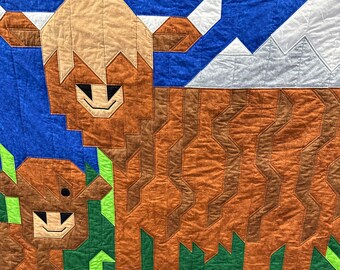 Hairy Coo Lap Quilt, Approximately 49 x 56 inches.  Quilted.  Highland Cow picture