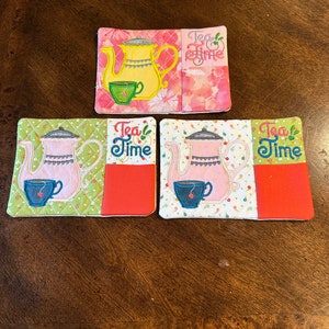 Tea Time mug rugs, coaster, teacup and teapot in various color combinations.  Approximately 5 x 7 inches
