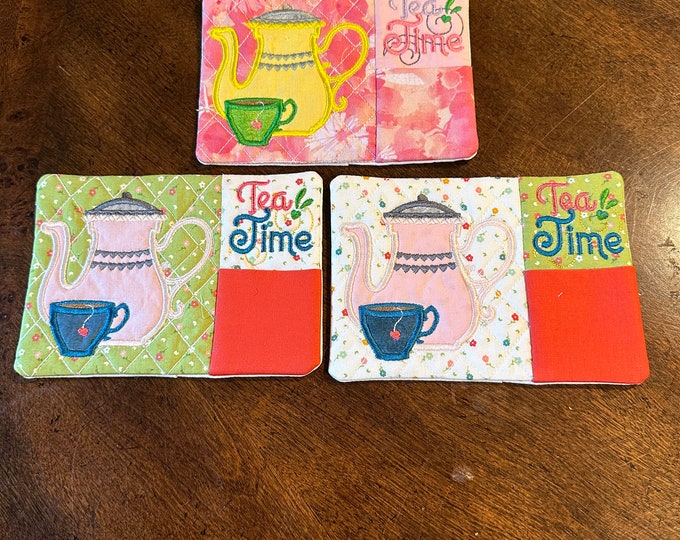 Tea Time mug rugs, coaster, teacup and teapot in various color combinations.  Approximately 5 x 7 inches