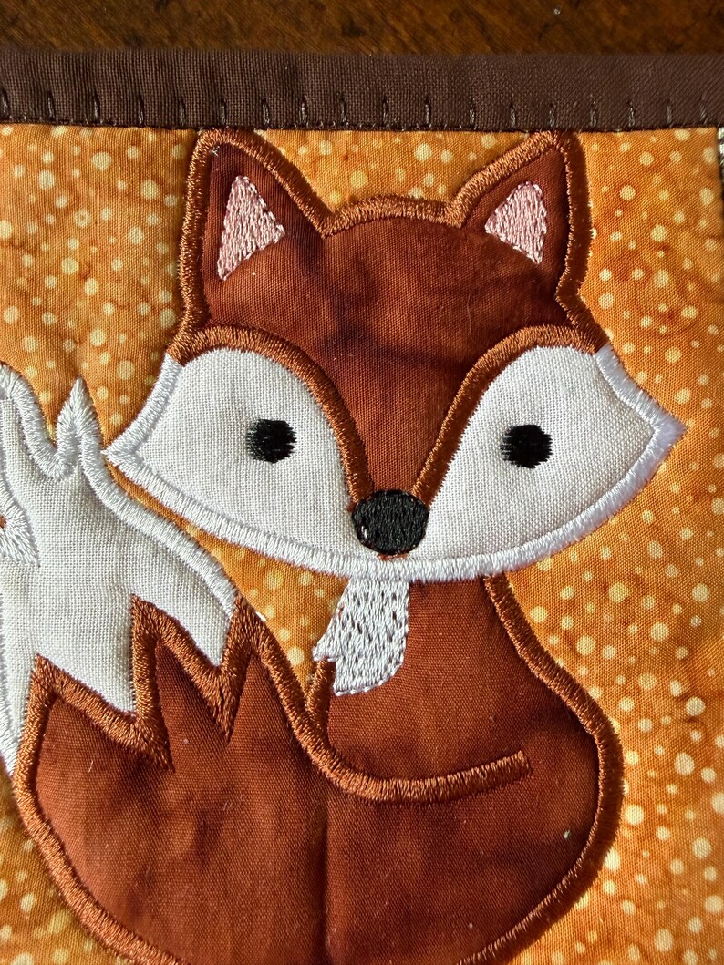Animal Mug Rugs or coasters, Quilted, Appliqued, Woodland Creatures, Raccoon and Fox, 5x7 inches Fox