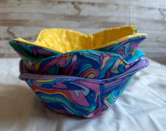 Microwave Bowl Cozies, Cotton, Quilted Reversable. Paisley on one side with Blue, Yellow Dot or purple on the other.