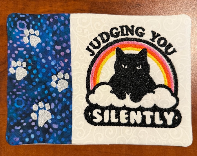 Cat Judging You Silently Mug Rug: Embroidered Coaster