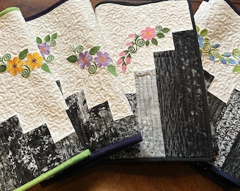 Table Runner, Black Metallic, Embroidered Daisies, Quilted 16 x 42 inches