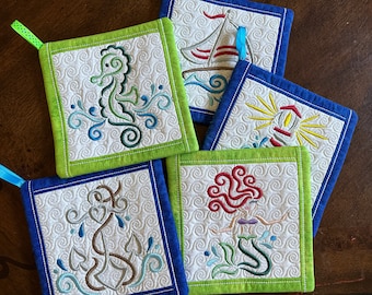 Nautical Pot Holder, Trivet, Hot Pad. Sailboat, Anchor, Lighthouse, Sea horse, Mermaid. 7.5 inches square.  Quilted and Embroidered.