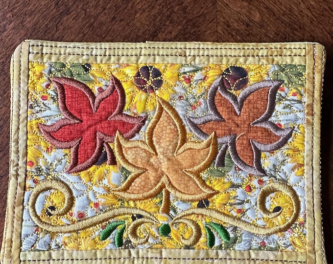 Fall Leaves Mug Rug Coaster.  Approximately 5 x 7.  Quilted & Embroidered.  Ready to Ship