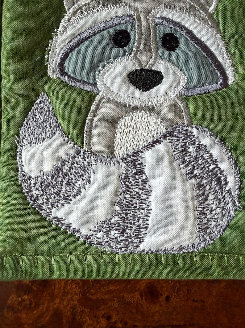 Animal Mug Rugs or coasters, Quilted, Appliqued, Woodland Creatures, Raccoon and Fox, 5x7 inches image 5