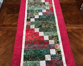 Christmas Table Runner,  Approximately 22x 68 inches, Various White, Green and Red Fabrics, Quilted,