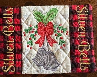 Silver Bells Christmas Mug Rug/Coaster, Approximately 5 x 7 inches.  Embroidered and quilted. Ready to Ship