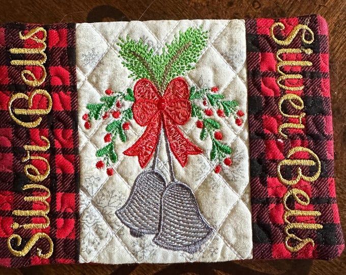 Silver Bells Christmas Mug Rug/Coaster, Approximately 5 x 7 inches.  Embroidered and quilted. Ready to Ship