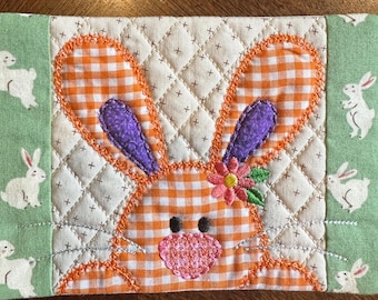 Peeking Bunny Easter Mug Rug.  Approximately 5 x 7 inches.  Appliqued and Embroidered. Ready to Ship