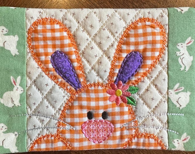 Peeking Bunny Easter Mug Rug.  Approximately 5 x 7 inches.  Appliqued and Embroidered. Ready to Ship
