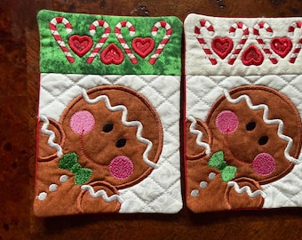 Gingerbread Mug Rug, Embroidered Christmas Coaster, Quilted Mug Mat 5 x 7 inches
