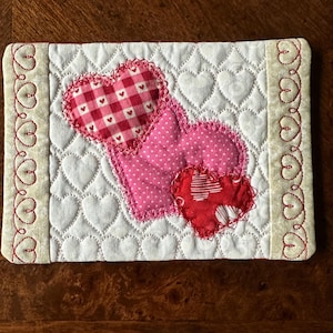 Valentines Three Hearts, Mug Rug.  5 x 7 inches.  Appliqued, quilted and embroidered.  Ready to Ship