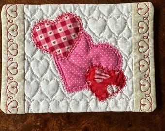 Valentines Three Hearts, Mug Rug.  5 x 7 inches.  Appliqued, quilted and embroidered.  Ready to Ship