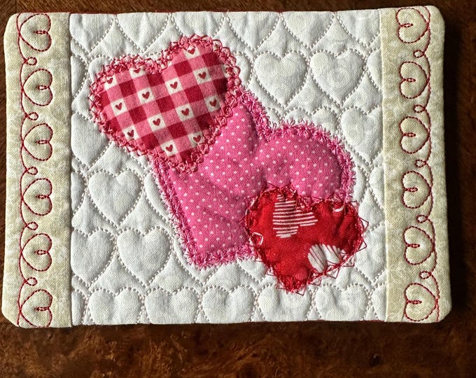 Valentines Three Hearts, Mug Rug.  5 x 7 inches.  Appliqued, quilted and embroidered.  Ready to Ship