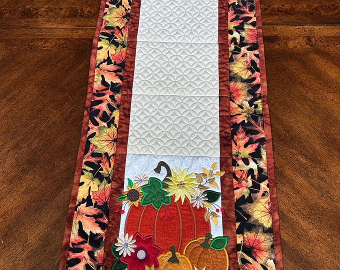 Embroidered Pumpkin Fall Table Runner: Appliqued Floral Design (42x14 inches)