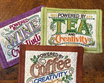 Powered by Coffee, Tea, Wine Mug Rugs.  5 x 7.  Sold individually and Ready to Ship