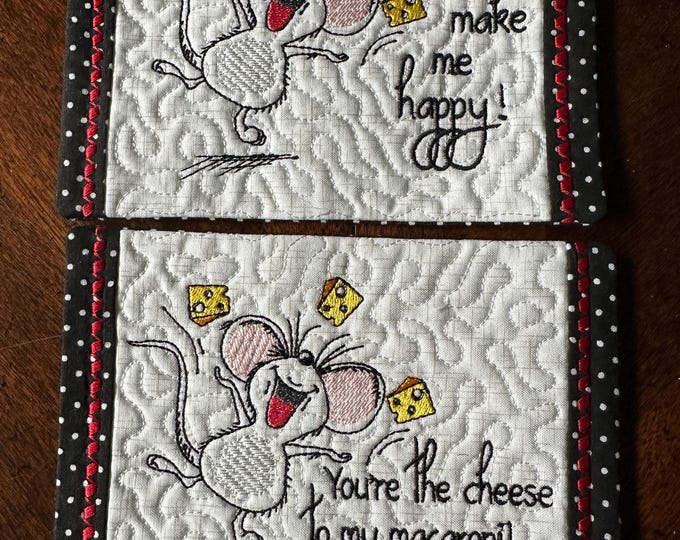 Embroidered Mouse Mug Rug or Coaster - Quilted Drink Mat, 5 x 7 inches