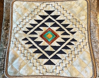 Aztec, Southwestern Potholder, Hot Pad or Trivet, Approximately 7 1/2 inch square.  Embroidered and Quilted. Insulated Ready to Ship