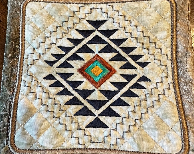 Aztec, Southwestern Potholder, Hot Pad or Trivet, Approximately 7 1/2 inch square.  Embroidered and Quilted. Insulated Ready to Ship