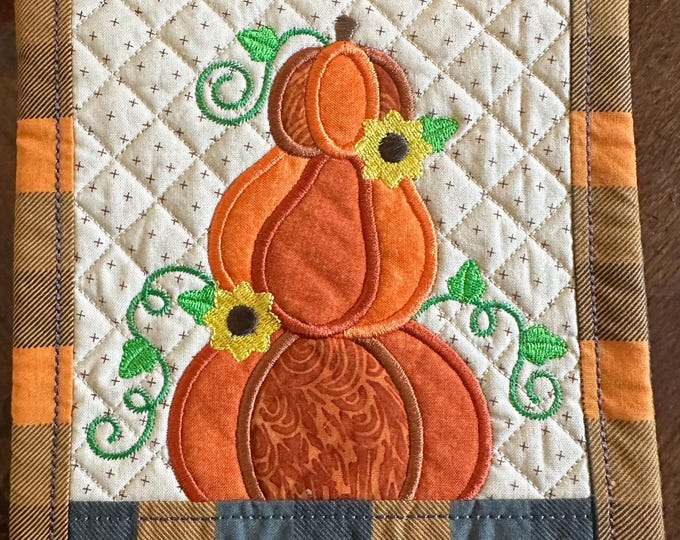Triple Pumpkin, Hot Pad or Trivet, Approximately 7 1/2 inch square.  Embroidered and Quilted. Insulated Ready to Ship