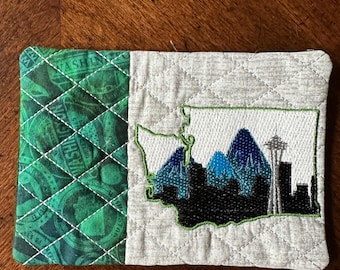 Washington Mug Rug Coaster.  Washington State Highlights.  Approximately 5 x 7.  Quilted and Embroidered.  Ready To Ship