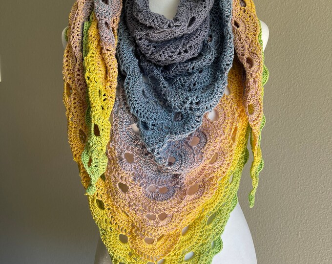 Trinagle Shawl, Purple to Green Ombre, Handmade crochet