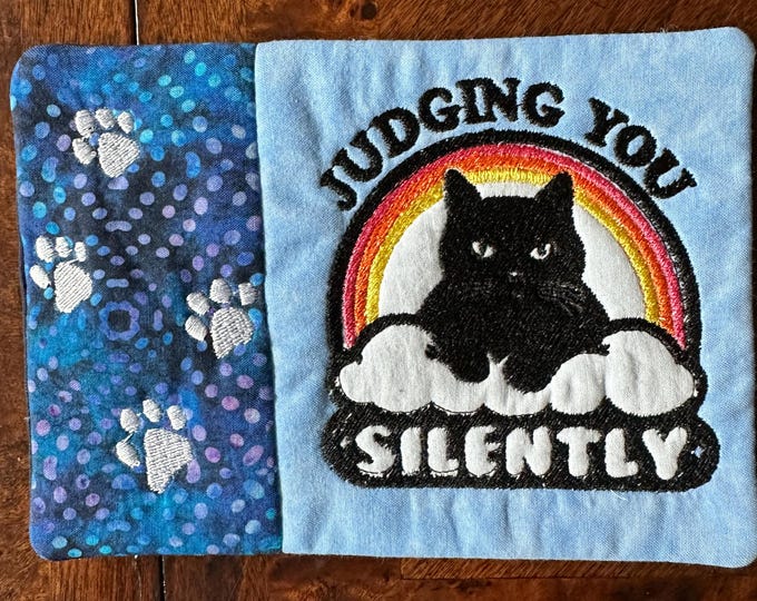 Cat Judging You Silently Mug Rug/Coaster.  Approximately 5 x 7.  Ready to ship
