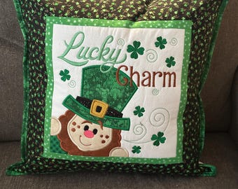 Lucky Leprechaun Pillow Case for St Patricks Day.  16 x 16 inch square ready to ship. Embroidered & Quilted
