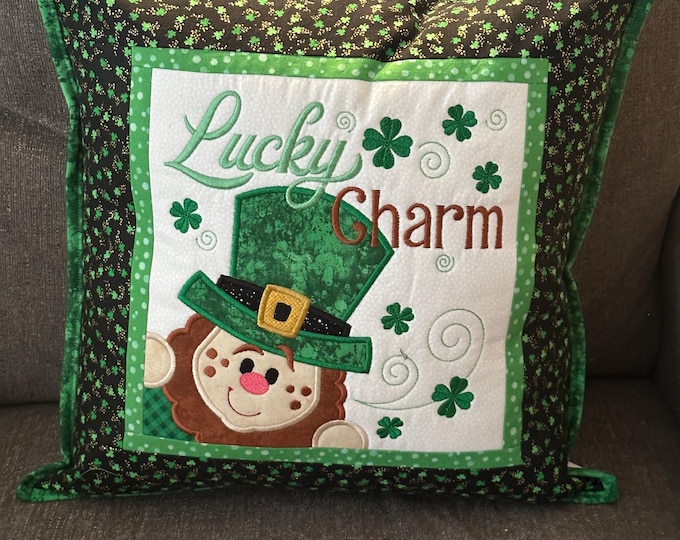 Lucky Leprechaun Pillow Case for St Patricks Day.  16 x 16 inch square ready to ship. Embroidered & Quilted