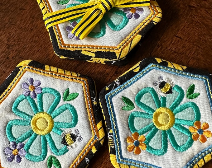 Flower Bee Coaster.  Set of 2. Approximately 3 1/2 inches.  Embroidered and appliqued. Ready to ship