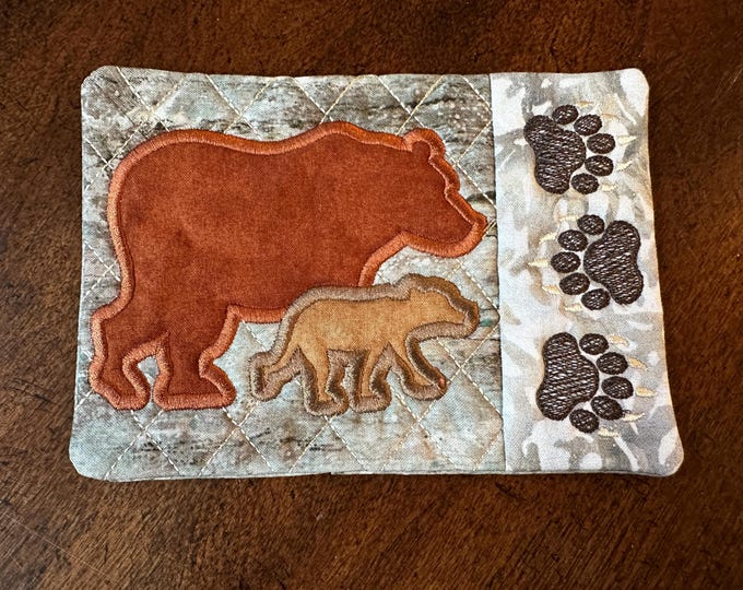 Bear, Mug Rug, Coaster.  Approximately 5 x 7 inches.  Quilted and Embroidered.  Ready to Ship