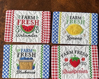 Farm Fresh Mug Rugs-Lemon, Blueberries, Strawberry & Watermelon. Approximately 5 x 7. Quilted/ embroidered.  Sold Separately.  Ready To Ship